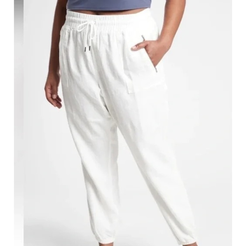 ATHLETA CABO LINEN JOGGER white woman Sz 24 pull on zip pockets